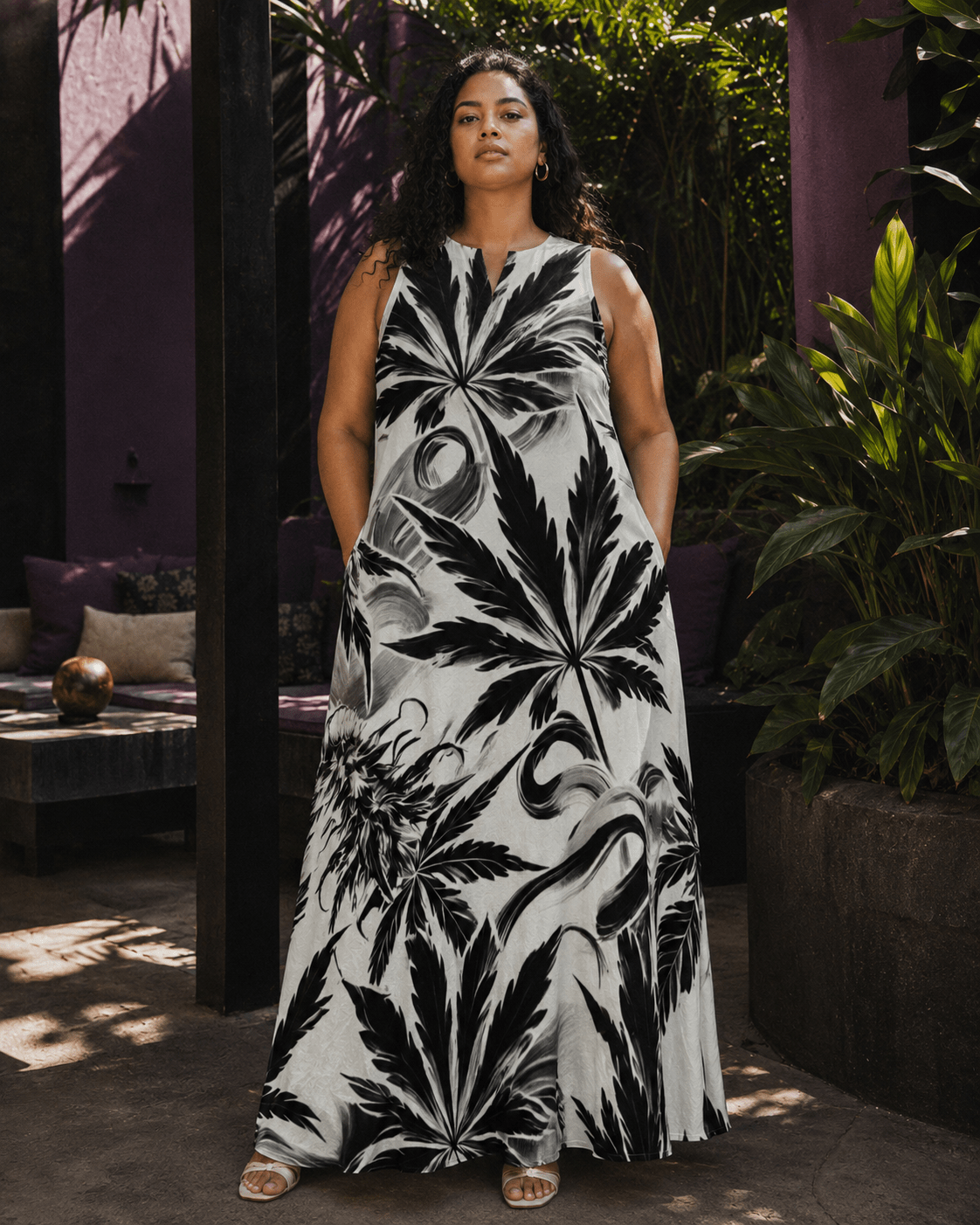 White Widow spider web print pocket long dress, three-quarter view on model