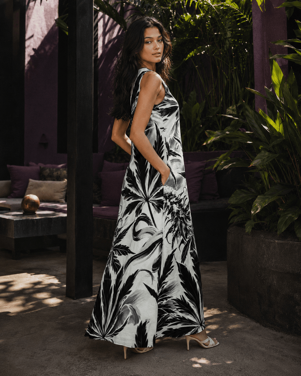 White Widow spider web print pocket long dress, side view on model