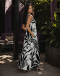White Widow spider web print pocket long dress, side view on model
