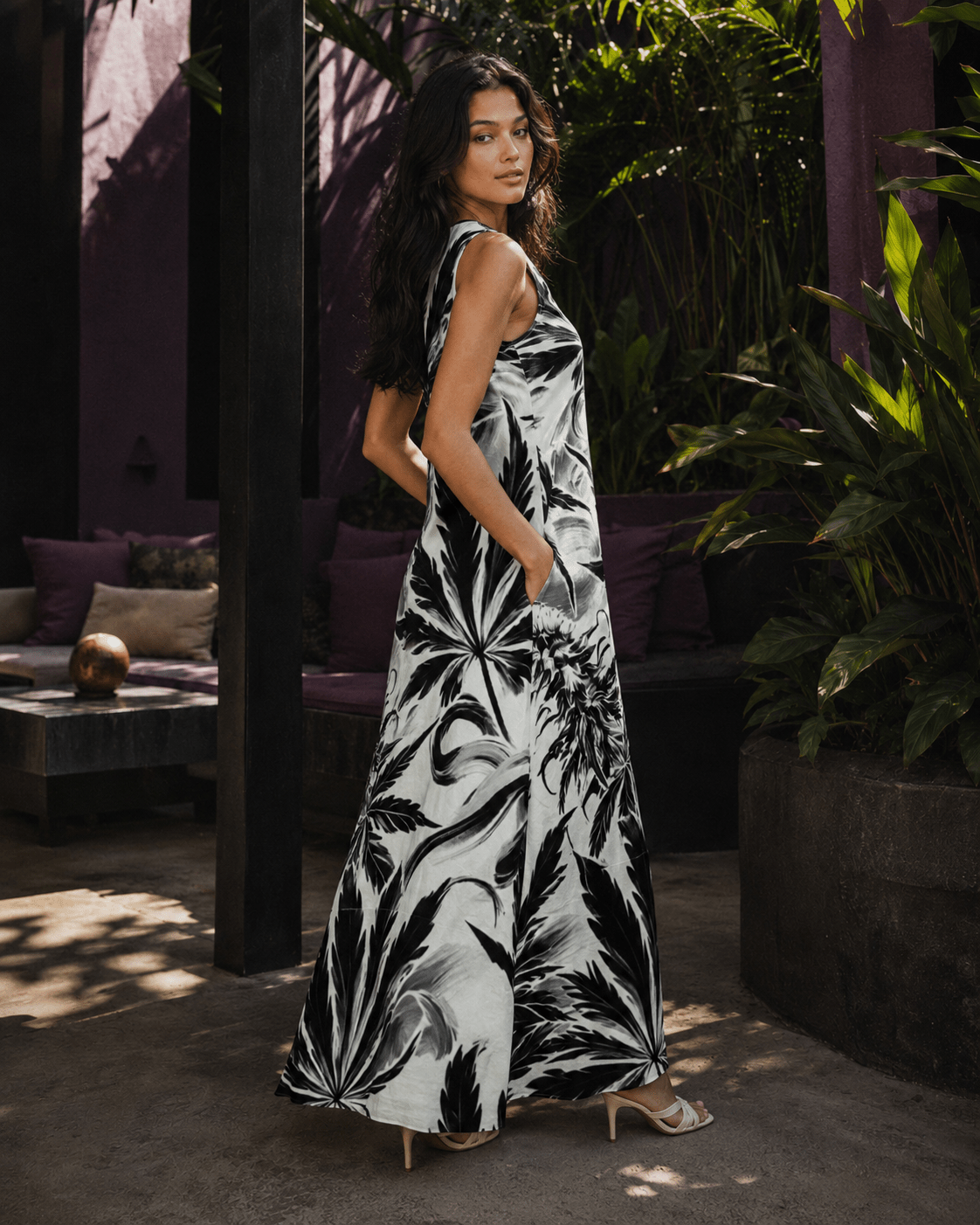 White Widow spider web print pocket long dress, side view on model