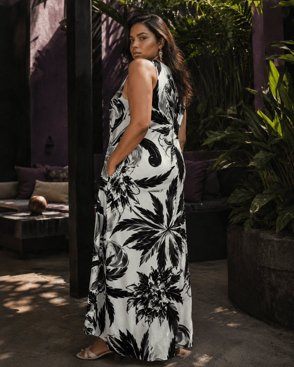 White Widow spider web print pocket long dress, lifestyle editorial shot on model