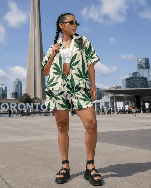 All-over print windbreaker and shorts set, walking shot on model