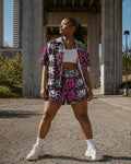 All-over print windbreaker and shorts set, side view on model
