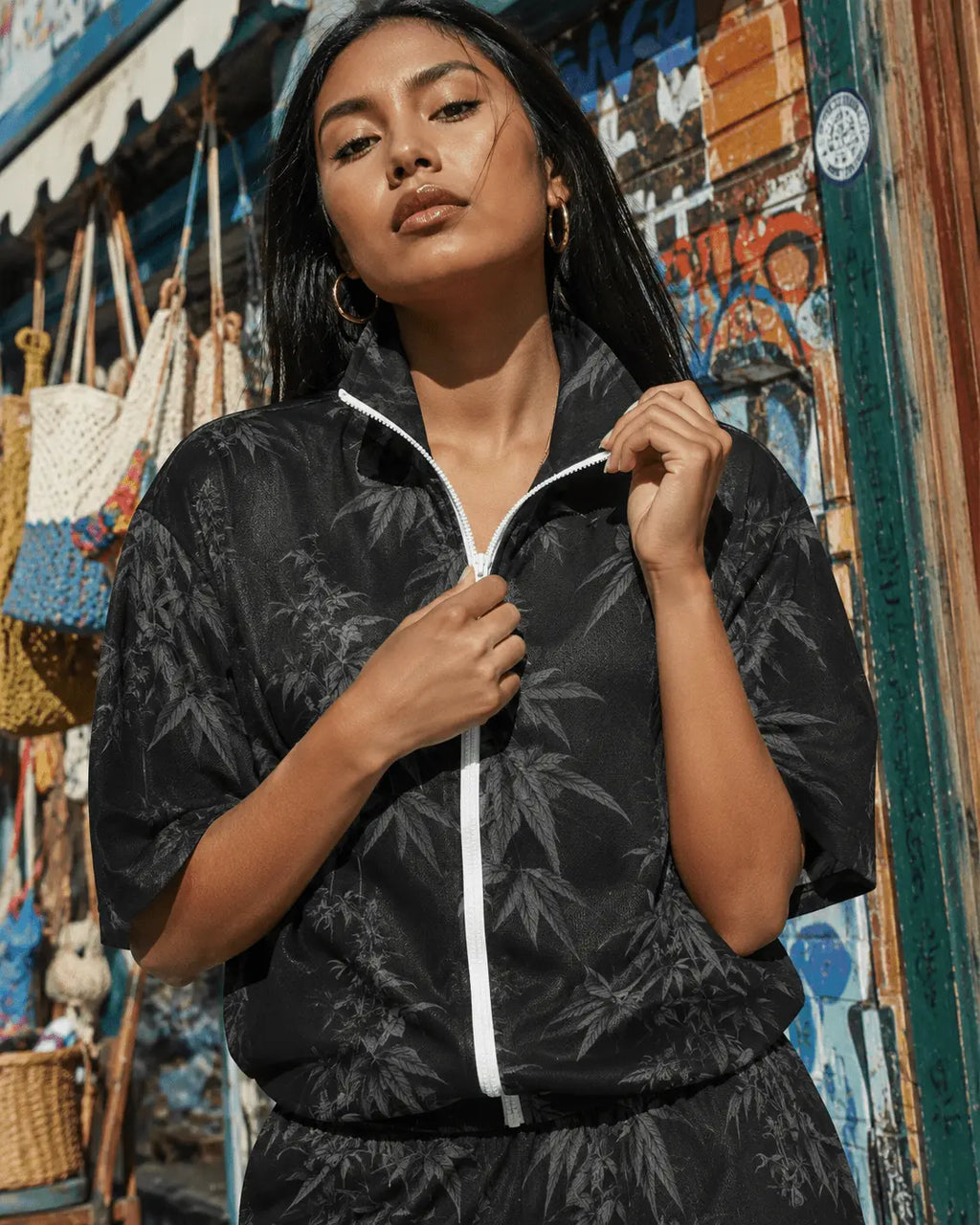 All-over print windbreaker and shorts set, close-up showing fabric and print detail