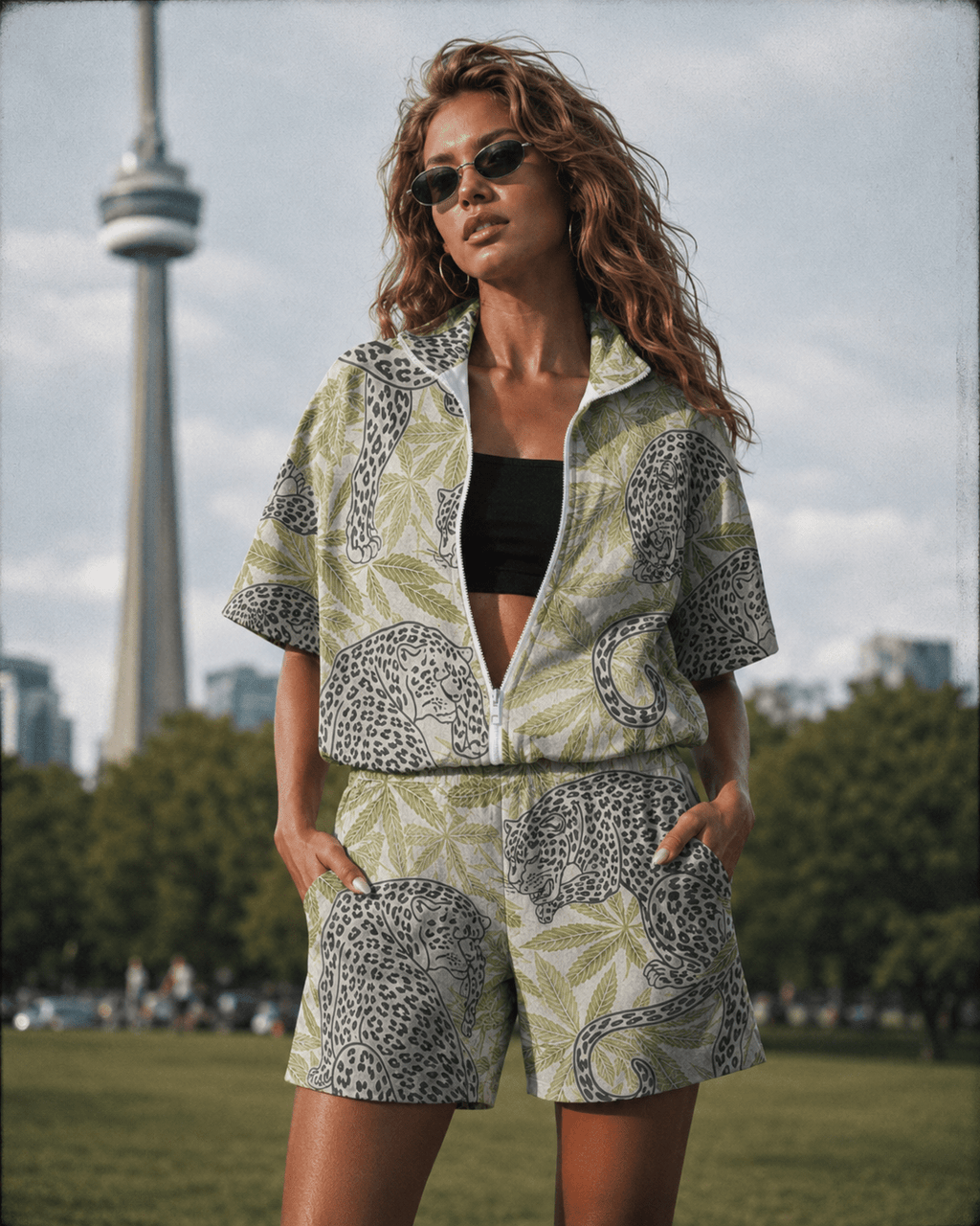 All-over print windbreaker jacket, front view showing zipper and hood detail
