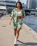 All-over print windbreaker and shorts set, three-quarter view on model