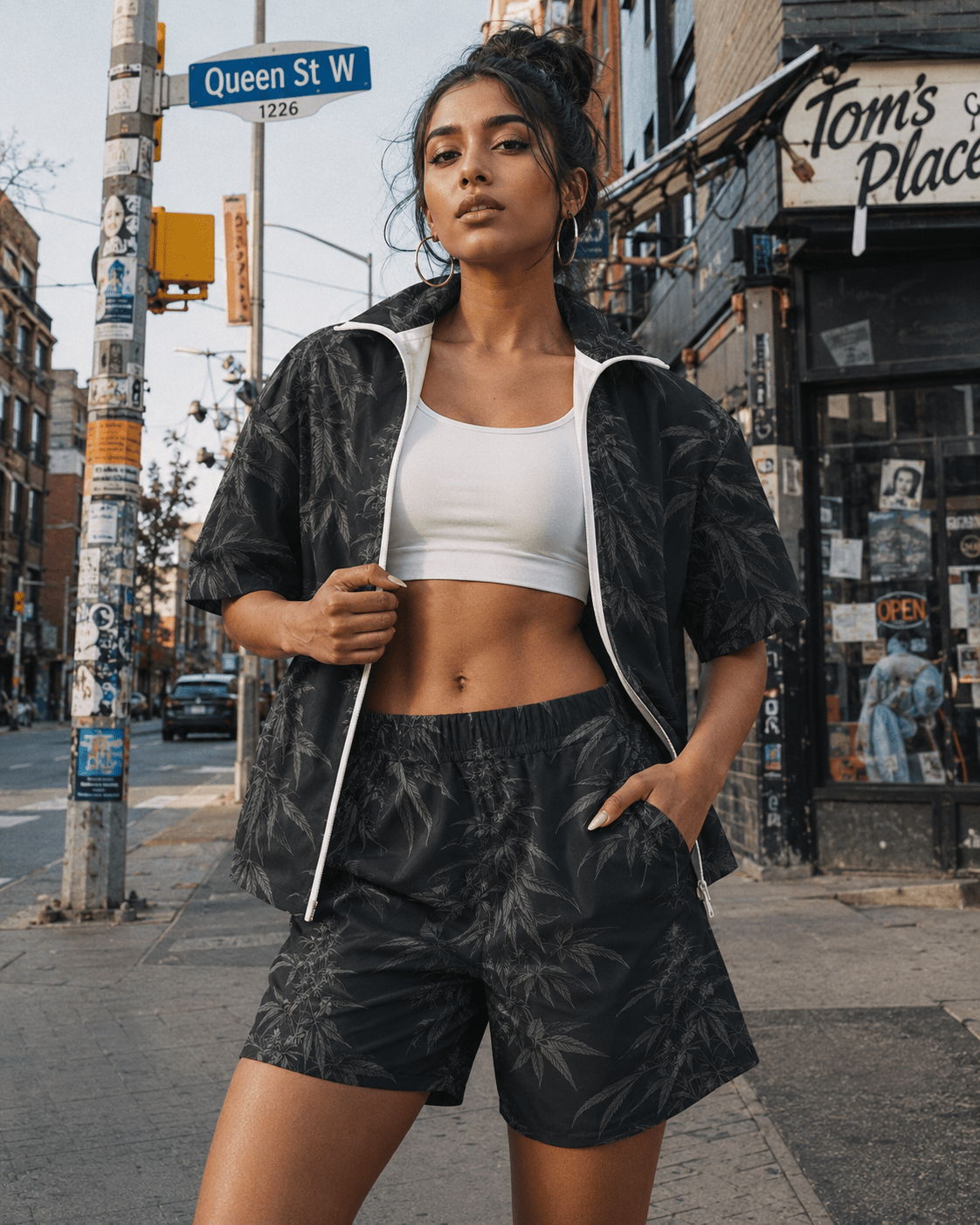 All-over print windbreaker and shorts set, full length view on model outdoors