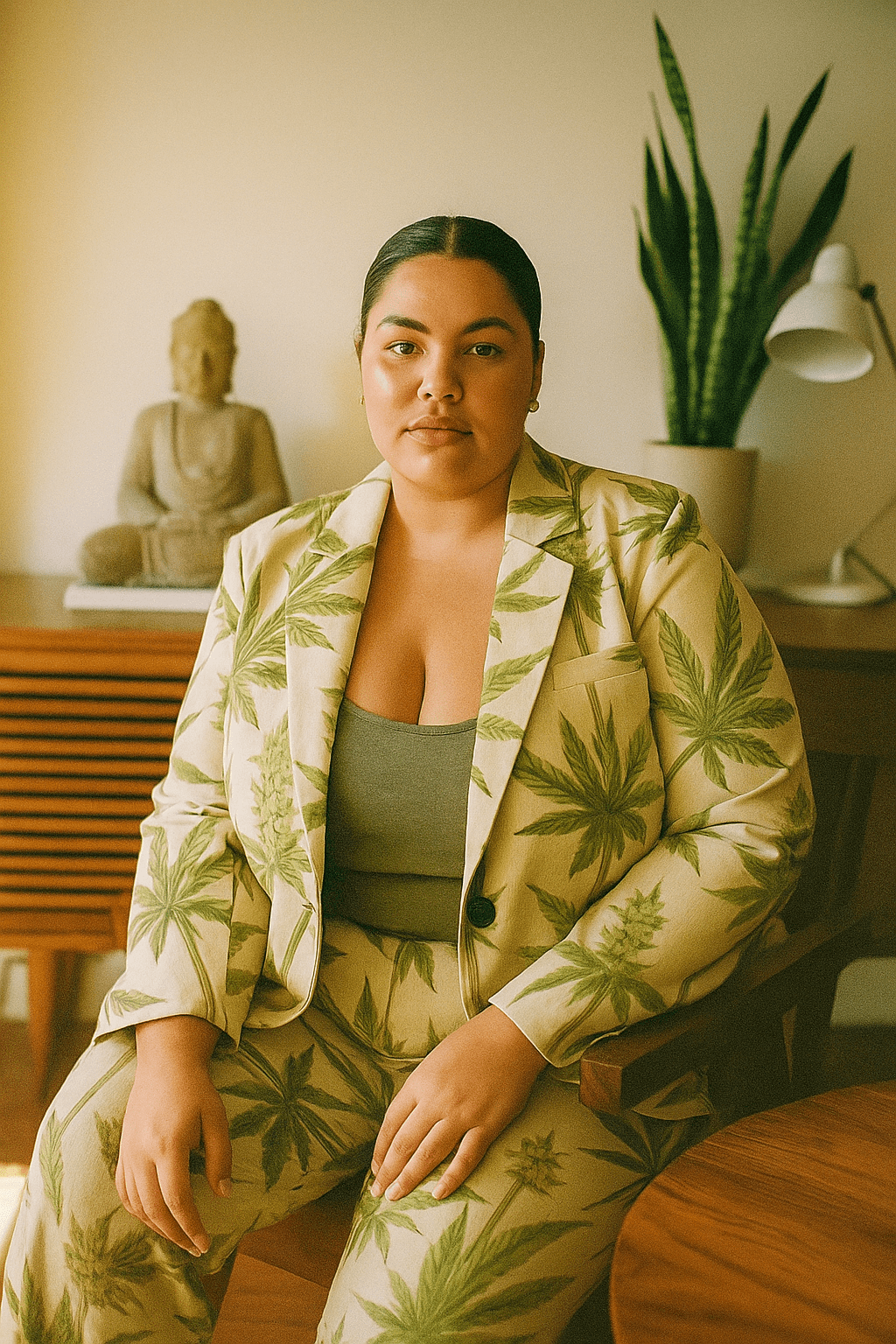 Jane Dope Bud Cotton Blazer Plus — cannabis bud print plus-size relaxed cotton blazer