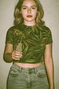 Jane Dope bud print sheer mesh cropped top, front view on model