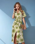 Jane Dope bud print button-front shirt dress in white, front view on model