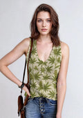 Jane Dope bud print button-front vest tank top in white, front view on model