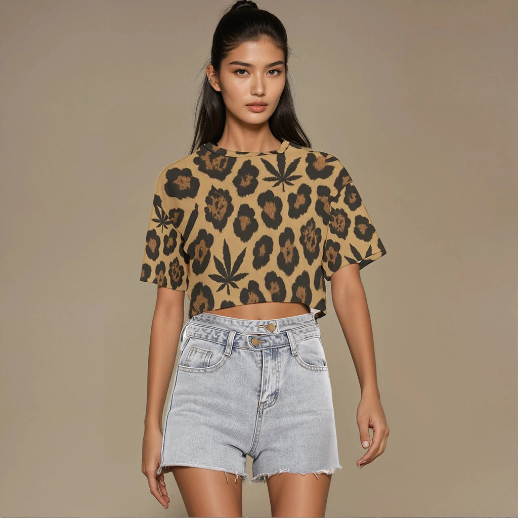 Jane Dope leopard print cropped cotton t-shirt, front view on model