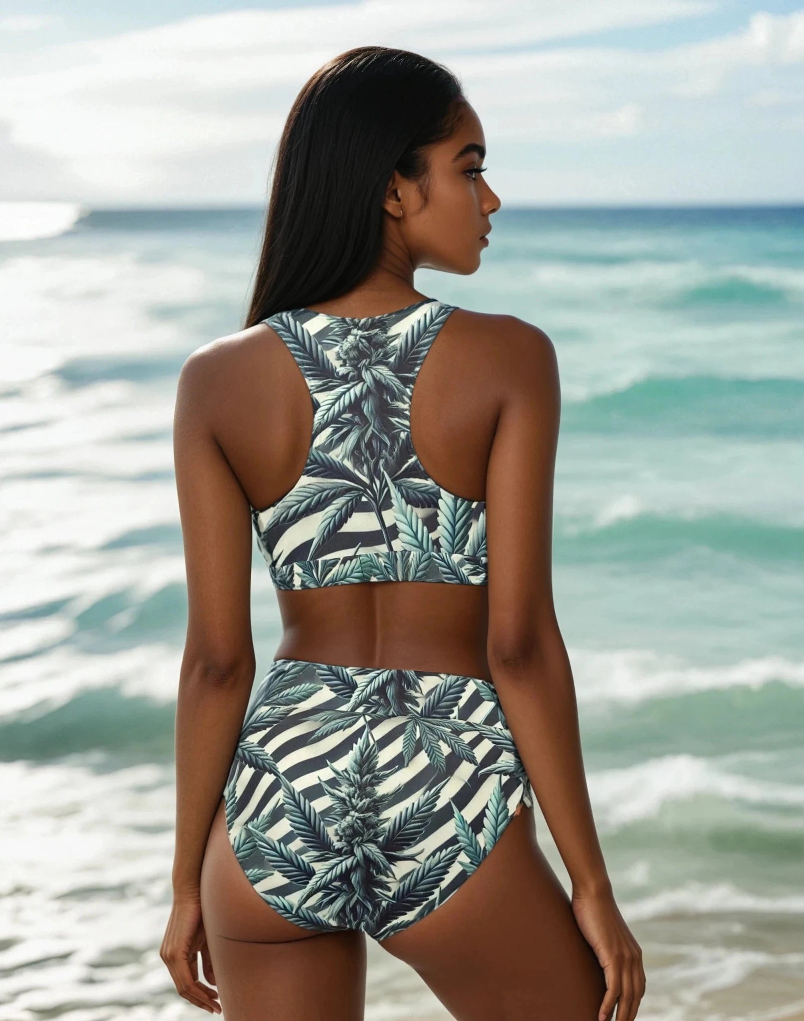 Zebra bud print crop bikini set, back view showing tie detail