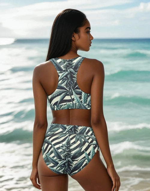 Zebra bud print crop bikini set, back view showing tie detail